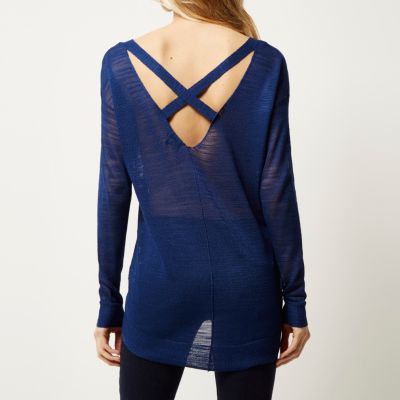 Blue slouchy knitted V-neck jumper